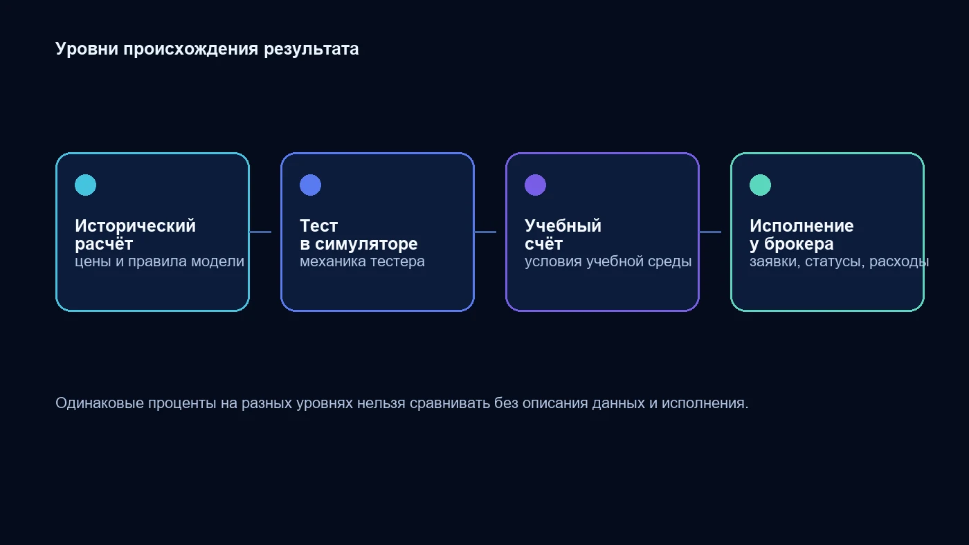 Четыре уровня происхождения результата: исторический расчёт, тест в симуляторе, учебный счёт и подтверждённое исполнение
